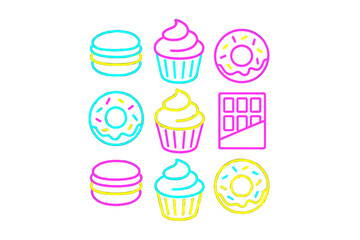 Bright neon outline dessert icons set with donuts cupcakes macarons and chocolate bar sweet treats