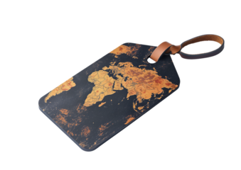 Luggage tag with world map design isolated on a transparent background