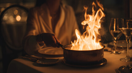 A woman elegantly stirs a flaming dish in a dimly lit upscale restaurant, creating a dramatic dining experience.