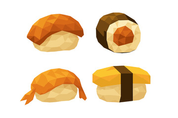 Collection of stylized low poly sushi pieces featuring various nigiri and a maki roll, traditional Japanese cuisine, delicious Asian food © Andrei