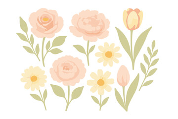 Delicate pastel flowers and botanical leaves for spring and summer, ideal for invitations and greeting cards © Andrei