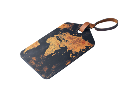 Luggage tag with world map design isolated on a transparent background