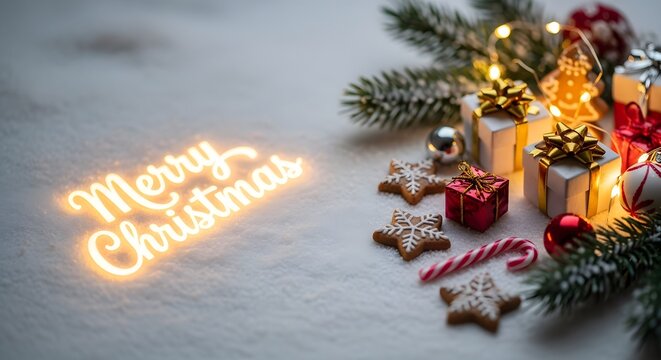 Glowing Merry Christmas neon sign festive holiday decorations Gifts Snow Winter Lights Gingerbread Gold Red Joy