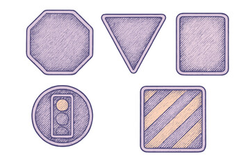 Diverse collection of hand-drawn geometric shapes and road sign icons with purple and orange textured fill in a modern sketch style