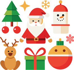 Naklejka premium Vector art of whimsical collection of christmas characters and symbols including a reindeer, santa claus, snowman, christmas tree, gift box, and ornaments, all isolated on a