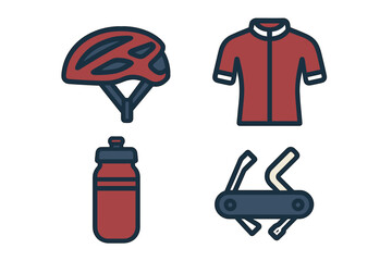 Collection of essential cycling equipment and accessories, featuring a protective helmet, jersey, water bottle, and versatile multi-tool for bike enthusiasts