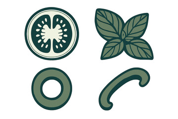 Stylized fresh culinary ingredients set with a tomato slice, basil leaves, an onion ring, and a chili pepper