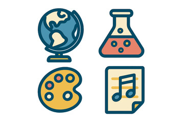 Academic and artistic symbols featuring a world globe, chemistry flask, paint palette, and musical notes