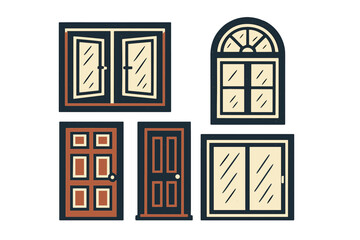 Detailed architectural elements for building design, showcasing a diverse collection of various doors and windows in different styles