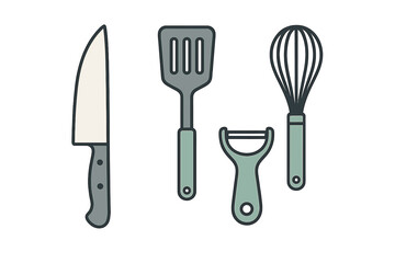 Essential kitchen cooking tools including a chef knife, slotted spatula, vegetable peeler, and whisk