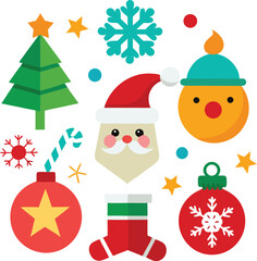 Fototapeta premium Vector art of collection of flat christmas icons including a santa claus, christmas tree, snowflake, candy cane, bauble, and stocking