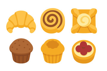 Freshly baked goods and sweet pastries assortment with croissants, muffins, cinnamon rolls, and fruit tarts