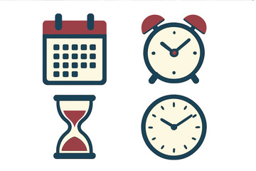 Time management and scheduling icons featuring calendar, alarm clock, hourglass, and wall clock symbols