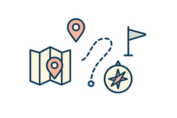 Essential navigation elements including a folded map, location pins, a winding path, compass, and destination flag