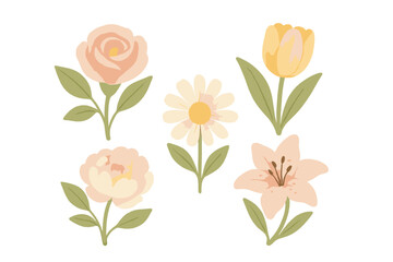 Assortment of beautiful blooming flowers in a gentle pastel watercolor style including rose, tulip, daisy, peony, and lily blossoms