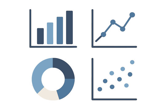 Comprehensive business data visualization charts set including bar graph line plot donut diagram and scatter plot