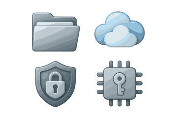 Digital data storage, cloud computing, cybersecurity, and encryption technology symbols for modern web and application design