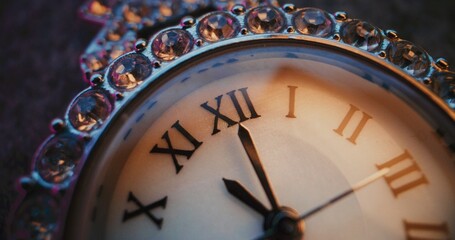 Close Up of Decorative Clock with Roman Numerals with Ornate Jeweled Frame Showing Time. Elegant and Stylish Design Symbolizing Tradition, Luxury Lifestyle, Symbolic Measurement of Time. Time Lapse.