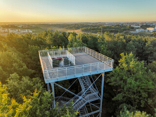 Observation tower on Kozacza Góra hill in Gdańsk, Poland at sunset panoramic aerial view