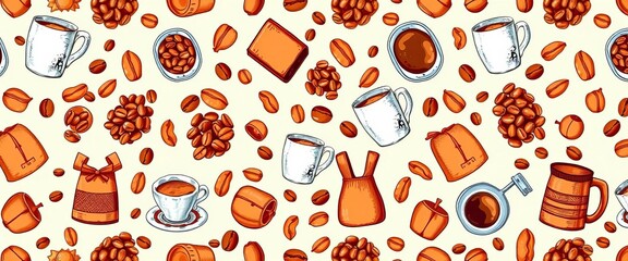 Hand-drawn coffee beans, cups, and cafe equipment in a repeating seamless pattern, beige, design