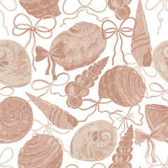 Seamless  seashell pattern with bows, featuring hand-drawn conch shells, spiral shells, and ocean treasures in warm brown and pink tones on an earthy background. 