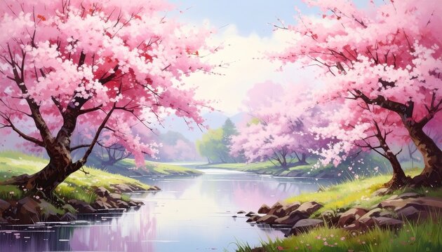 Pink cherry blossoms line a serene river