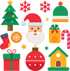 Fototapeta premium Vector art of assortment of flat christmas icons featuring santa claus, christmas tree, gifts, stocking, candy cane, ornament, and house