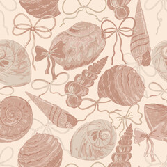 Seamless  seashell pattern with bows, featuring hand-drawn conch shells, spiral shells, and ocean treasures in warm brown and pink tones on an earthy background. 