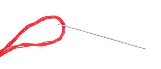 Sewing needle with red thread isolated on white