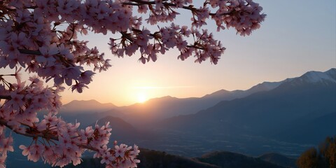 Fototapeta premium Serene cherry blossoms at sunrise with majestic mountain background