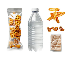 Reusable water bottle and snack set isolated on a transparent background