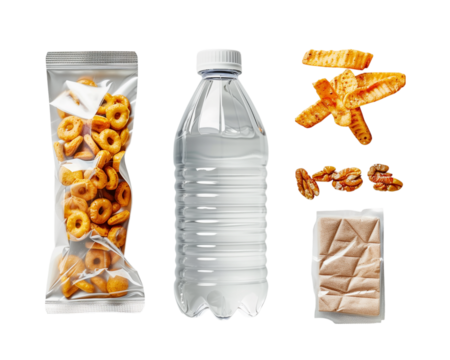 Reusable water bottle and snack set isolated on a transparent background