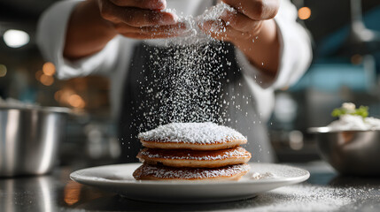 A chef, focused and skilled, dusting powdered sugar over three fluffy pancakes in a modern kitchen.