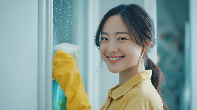 A smiling Asian woman cleaning a window with a spray bottle, radiating positivity in a sunlit room.