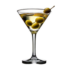 martini glass with olives isolated on white and transparent background.