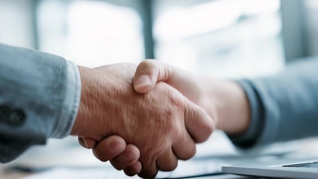 Handshake symbolizes teamwork and trust. Business agreement reached through cooperation. Contract signed after successful deal. Partnership handshake finalizes project with mutual success