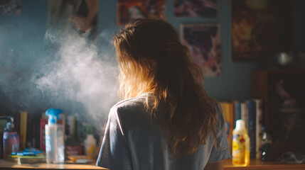 A young woman with wavy hair stands, back to the camera, surrounded by a misty ambiance in her vibrant, cozy room.