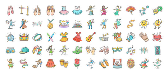 Colorful dance and music doodle icons set - Collection of hand drawn doodle icons featuring dance, ballet, costumes, music, instruments, awards, and celebration elements on white background.