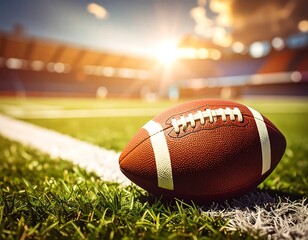 American football on a field at sunset.  A close-up view of a football resting on the grass