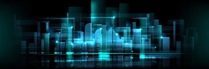 Futuristic neon blue cityscape on dark background. Vector illustration of modern high-rise buildings, high tech network lines, digital world skyline, pattern with metaverse skyscrapers