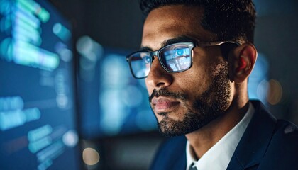 A man wearing glasses concentrating on a monitor in a dark room