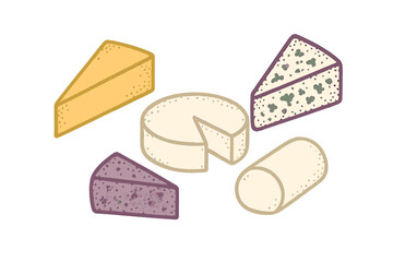 Assortment of various cheese types including cheddar, brie, and blue cheese, presented as a graphic collection on a clean white background