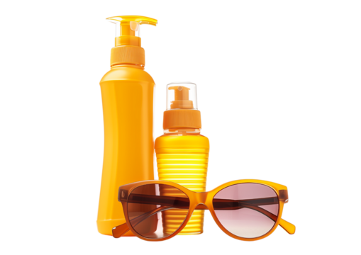 Sunscreen bottle and sunglasses set isolated on a transparent background