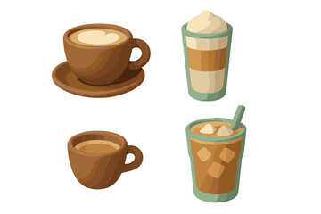 Assortment of stylized coffee beverages including hot lattes, iced coffee, and cold brew drinks in various cups and glasses with smooth textures