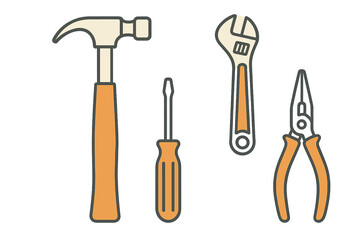 Various essential hand tools including hammer, screwdriver, wrench, and pliers for repair and construction
