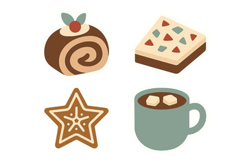 Assortment of festive holiday desserts and warm beverage, including gingerbread cookie, chocolate log, fruitcake, and hot cocoa