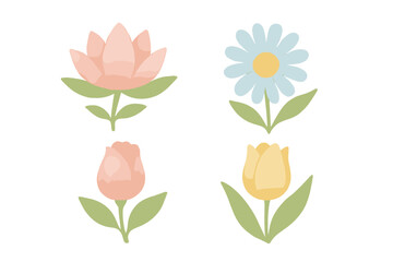 Beautiful collection of delicate watercolor style spring flowers with green leaves and soft pastel hues for various design projects
