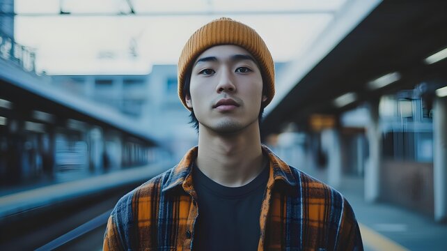 A young Asian man in a beanie and flannel shirt, standing by a train station, gazing into the distance