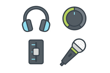 Set of audio equipment icons featuring headphones, microphone, fader, and volume control knob for sound engineering