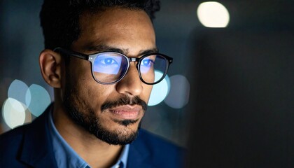A man wearing glasses concentrating on a monitor in a dark room